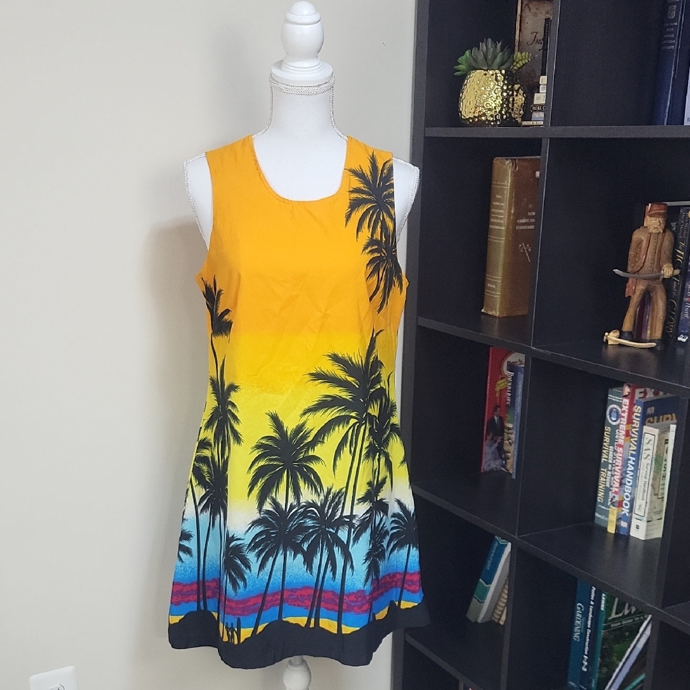 HIGH SEAS Resort Wear Vibrant Tropical Beach Palm Tree Keyhol Sleeveless Dress